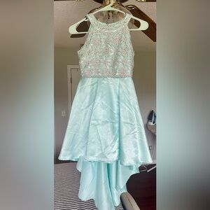 Girls high low aqua and silver dress